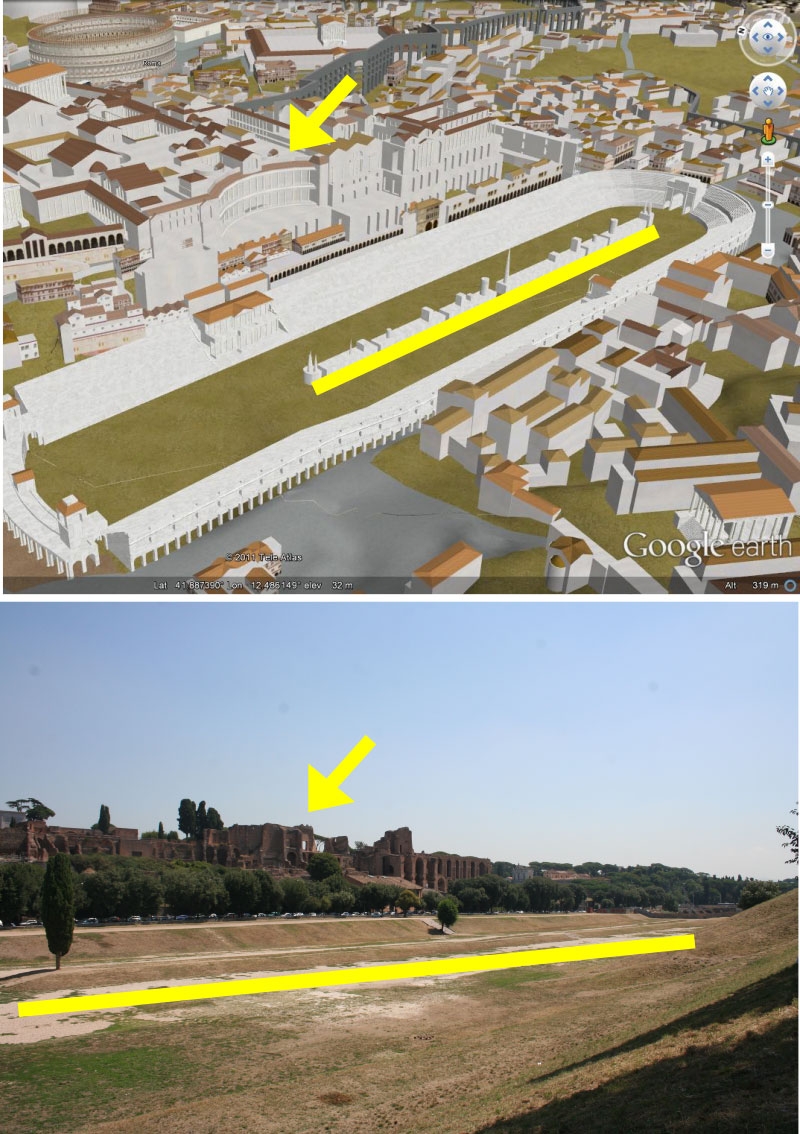 The Circus Maximus stadium in the roman period... and today|Google Earth; Photo Pica A. 2012