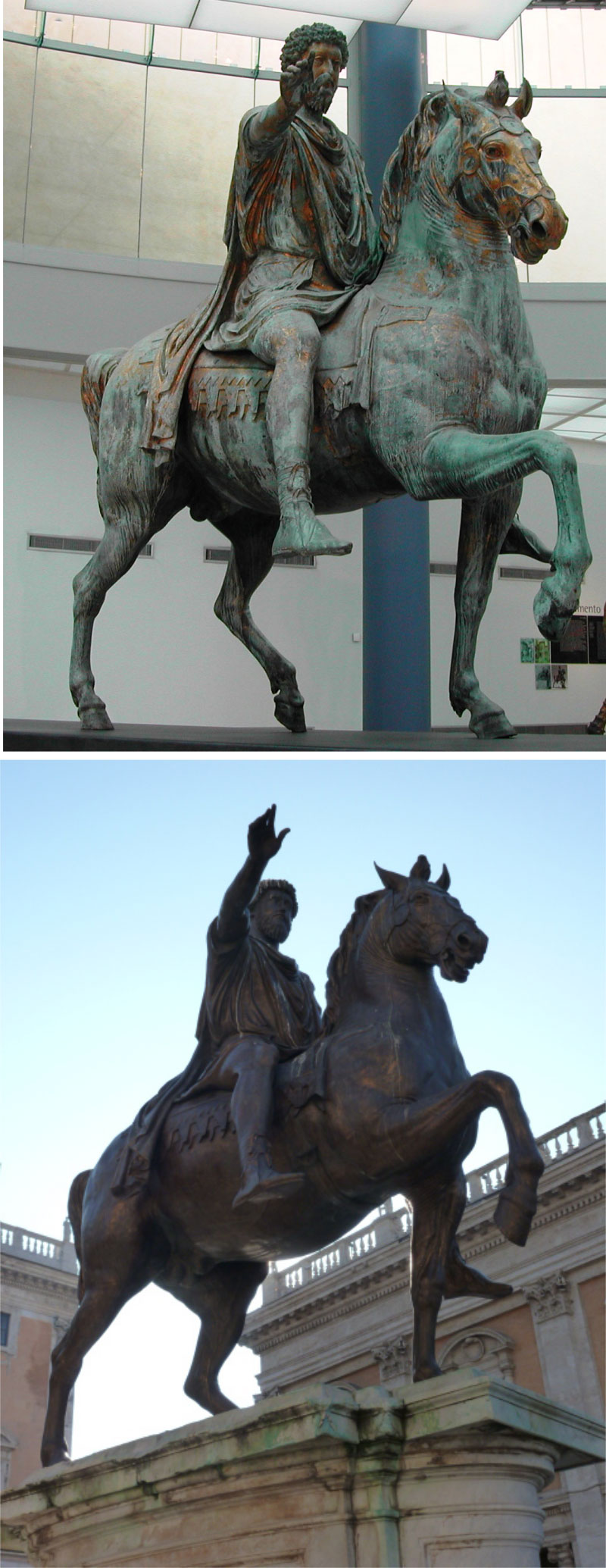 The original equestrian statue of Marco Aurelio and the copy