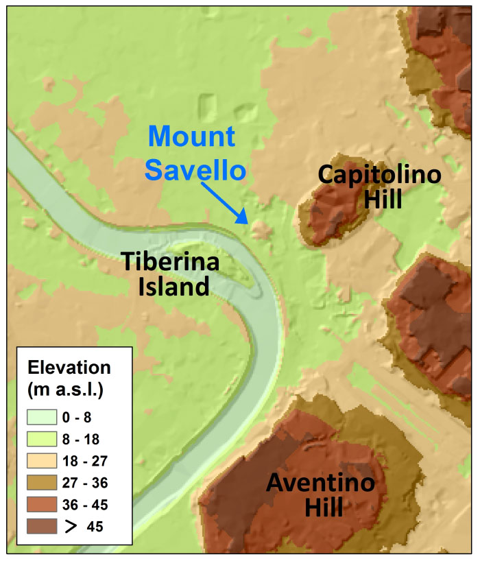 The shaded relief of Digital Elevation Model shows a small hill in tha plain, it's Mount Savello