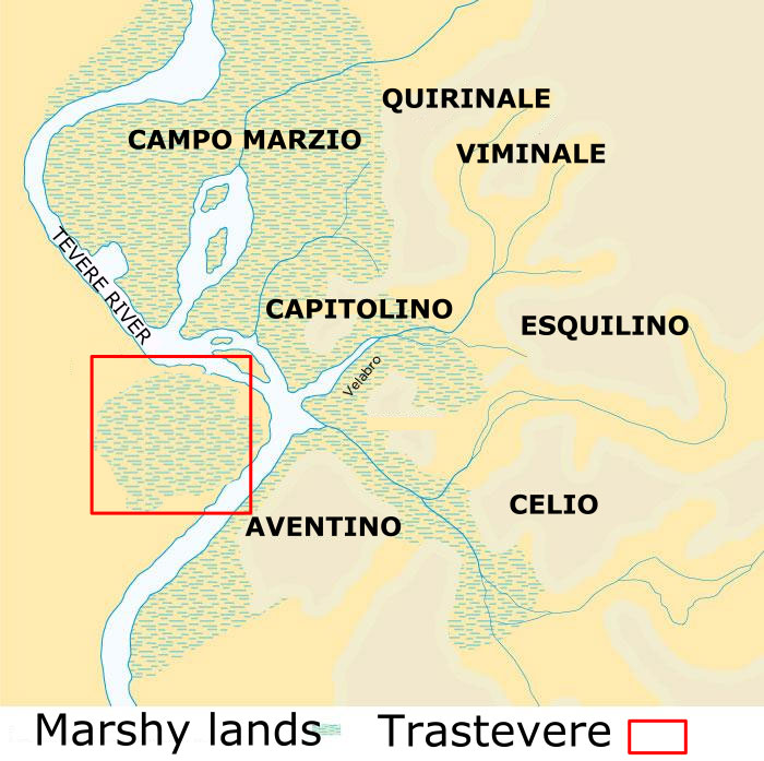 The Tevere alluvial plain was marshy, for this reason Romans built the city on the hills